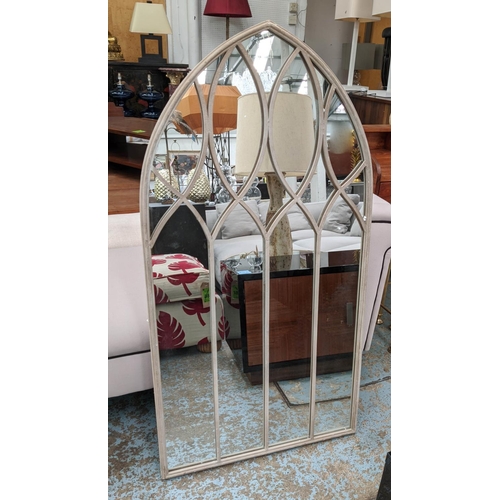 341 - ARCHITECTURAL GARDEN MIRRORS, a pair, painted metal frames, 127cm x 65cm. (2)