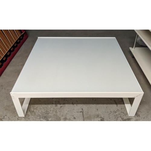 464 - HABITAT LOW TABLE, 102cm x 98cm x 27.5cm, the white glass top on a metal base.