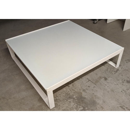 464 - HABITAT LOW TABLE, 102cm x 98cm x 27.5cm, the white glass top on a metal base.