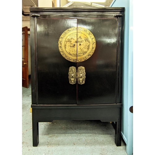 474 - CABINET, Chinese Qing Dynasty inspired, black lacquered, two shelves, 105cm x 51cm x 170cm.