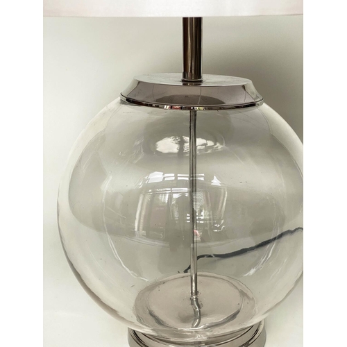 103 - GLASS LAMP, 1970s hand blown glass with chromium base and circular silk drum shade, 83cm H.