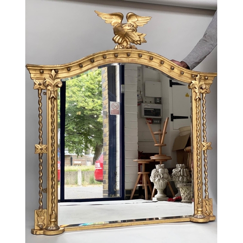 105 - OVERMANTEL MIRROR, 19th century English giltwood and gesso moulded with arched gilt ball crest and t... 