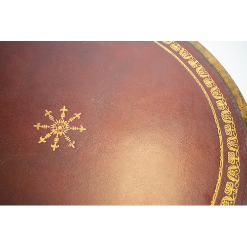 154 - DRUM TABLE, 68cm H x 61cm D, Regency design mahogany with red leather top and four drawers.