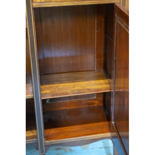 155 - JAMES SHOOLBRED & CO OPEN BOOKCASE, 130cm H x 138cm W x 35cm D, Edwardian mahogany and marquetry wit... 