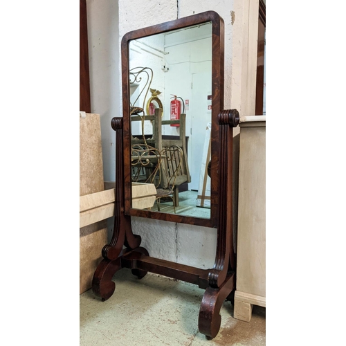 157 - CHEVAL MIRROR, early Victorian mahogany, scrolled and reeded supports, 140cm H x 71cm W x 43cm D.