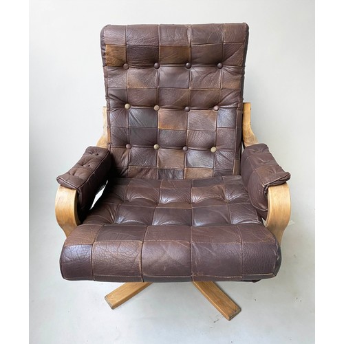 302 - REVOLVING LOUNGE CHAIR, 69cm W, 1970s Danish style, buttoned patchwork leather, beechwood framed.