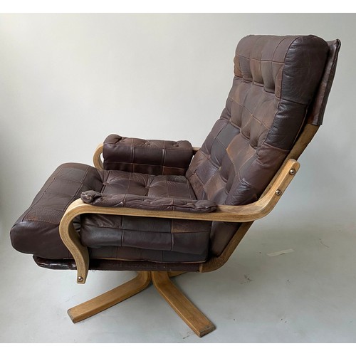 302 - REVOLVING LOUNGE CHAIR, 69cm W, 1970s Danish style, buttoned patchwork leather, beechwood framed.