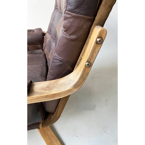 302 - REVOLVING LOUNGE CHAIR, 69cm W, 1970s Danish style, buttoned patchwork leather, beechwood framed.