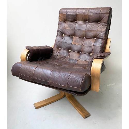 302 - REVOLVING LOUNGE CHAIR, 69cm W, 1970s Danish style, buttoned patchwork leather, beechwood framed.