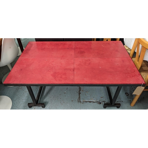 304 - LOW TABLE, 81cm D x 54cm x 132cm W, red leather top on a metal base.