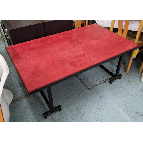 304 - LOW TABLE, 81cm D x 54cm x 132cm W, red leather top on a metal base.