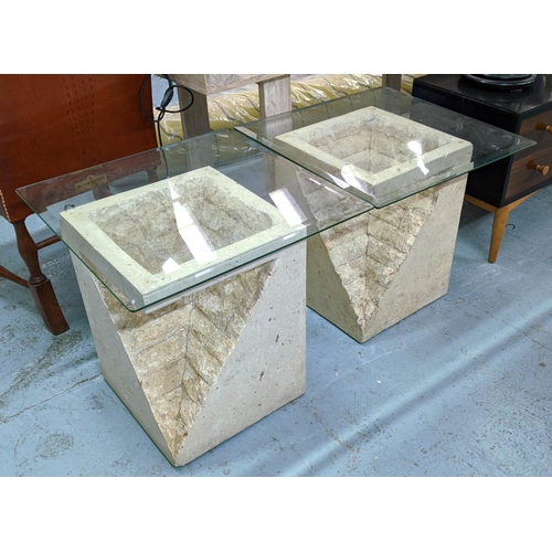 323 - SIDE TABLES, a pair, 60cm x 60cm x 51cm, stone bases with bevelled glass tops. (2)