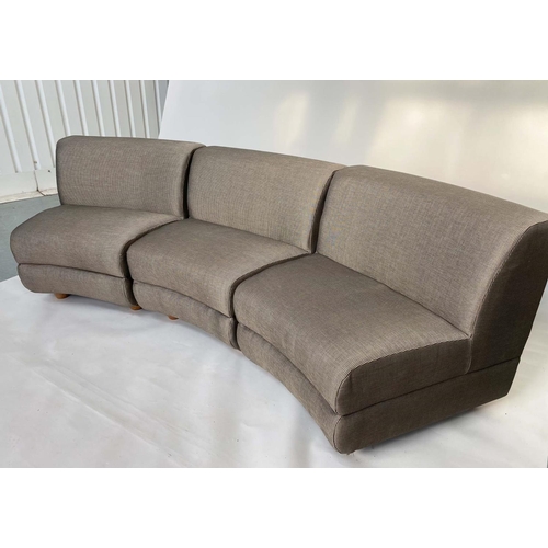 326 - SOFA, curved three section grey fawn twill upholstered, each 62cm.