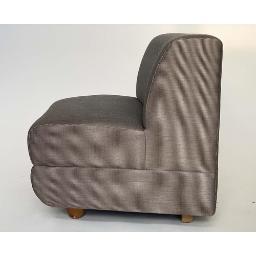 326 - SOFA, curved three section grey fawn twill upholstered, each 62cm.