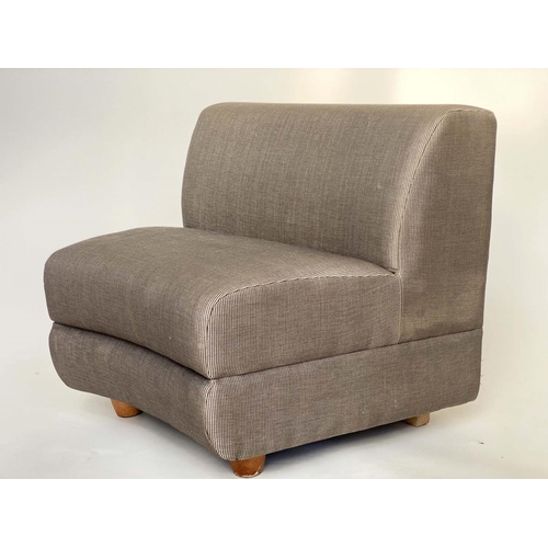 326 - SOFA, curved three section grey fawn twill upholstered, each 62cm.