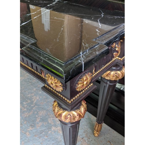 364 - CONSOLE TABLE, 202cm L x 46cm D, the black marble top on a black and gilt base.