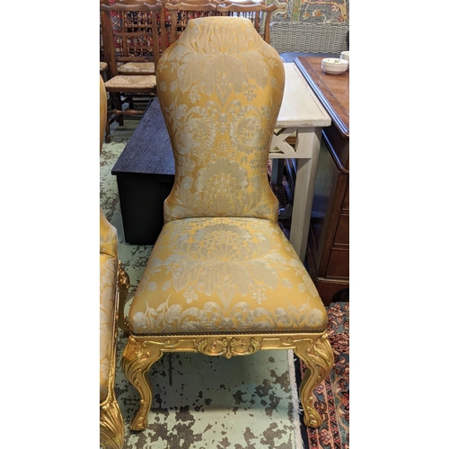 329 - DINING CHAIRS, a set of eight, each 60cm W x 110cm H, carved gilt wood frames with Damask upholstery... 