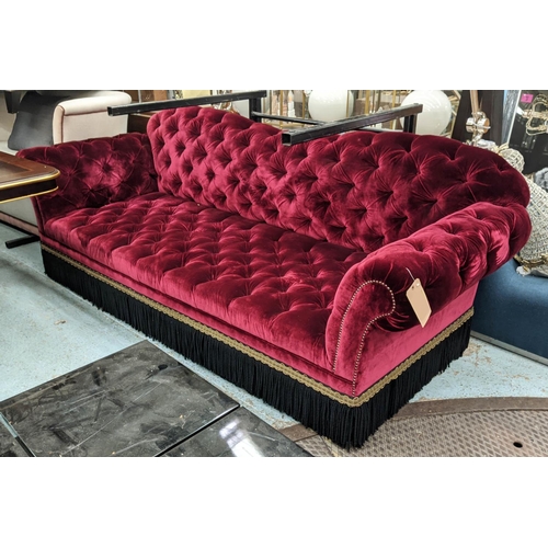 330 - SOFA, 255cm W x 98cm D x 95cm H, crimson  buttoned velvet with bullion fringe.