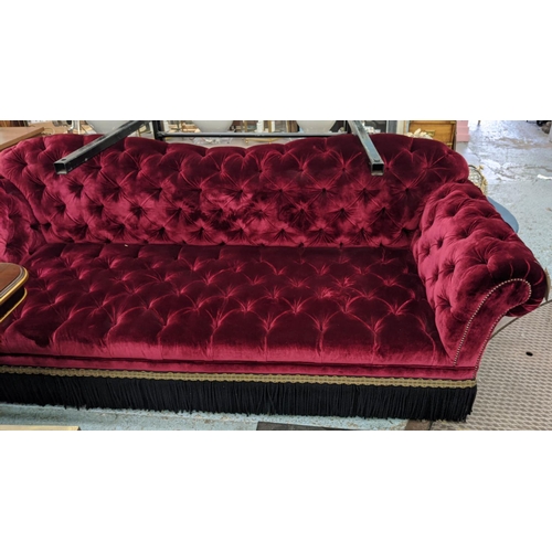 330 - SOFA, 255cm W x 98cm D x 95cm H, crimson  buttoned velvet with bullion fringe.