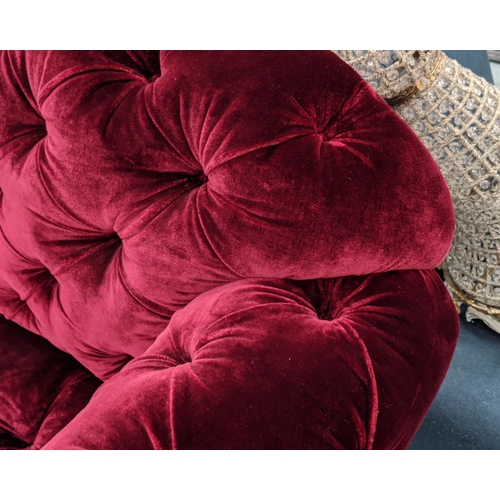 330 - SOFA, 255cm W x 98cm D x 95cm H, crimson  buttoned velvet with bullion fringe.