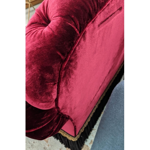 330 - SOFA, 255cm W x 98cm D x 95cm H, crimson  buttoned velvet with bullion fringe.