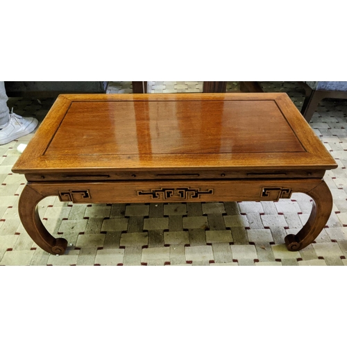 331 - CHINESE LOW TABLE, scrolled supports, pierced detail, 46cm x 83cm x 35cm.