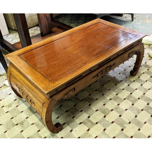 331 - CHINESE LOW TABLE, scrolled supports, pierced detail, 46cm x 83cm x 35cm.