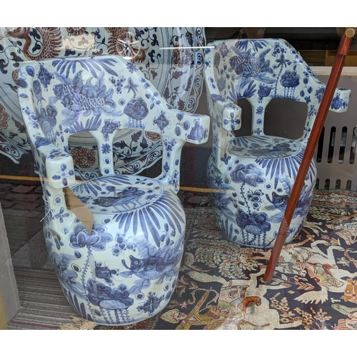 332 - GARDEN SIDE CHAIRS, a pair, Chinese Export style blue and white ceramic, 68cm H. (2)