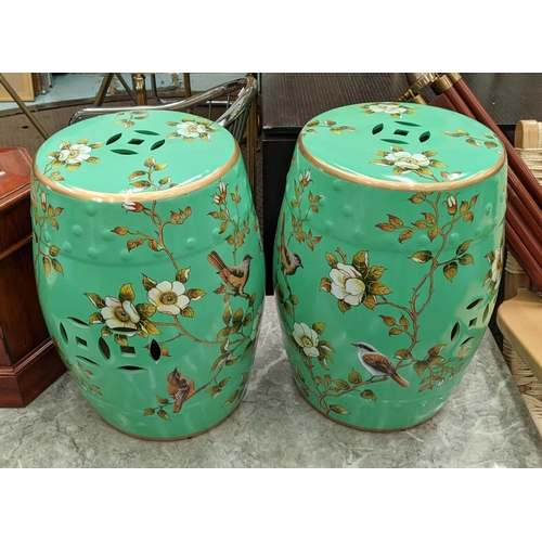 333 - BARREL STOOLS, a pair, Chinese style glazed ceramic, 46cm x 32cm approx. (2)