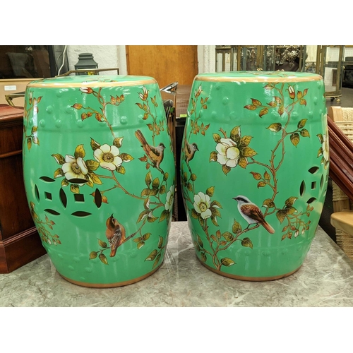 333 - BARREL STOOLS, a pair, Chinese style glazed ceramic, 46cm x 32cm approx. (2)