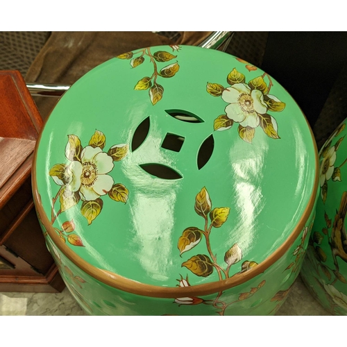 333 - BARREL STOOLS, a pair, Chinese style glazed ceramic, 46cm x 32cm approx. (2)