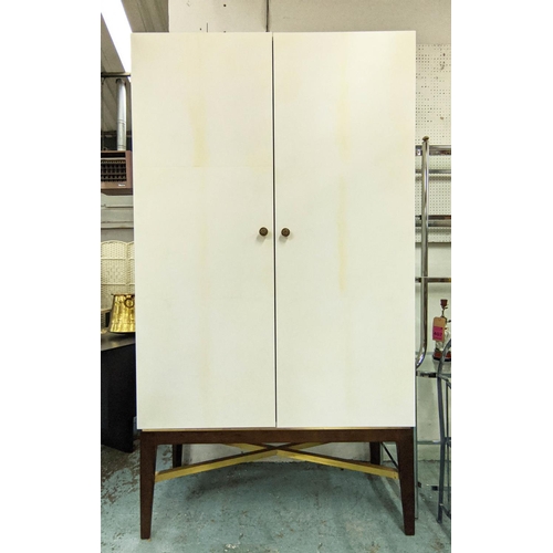 356 - CABINET ON STAND, two door enclosing four adjustable shelves, faux velum finish, 230cm H x 128cm W x... 