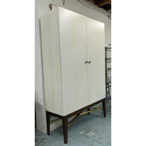 356 - CABINET ON STAND, two door enclosing four adjustable shelves, faux velum finish, 230cm H x 128cm W x... 