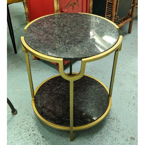 343 - SIDE TABLE, 1960s French style, gilt metal, with two marble tiers, 50cm H x 45cm x 45cm.