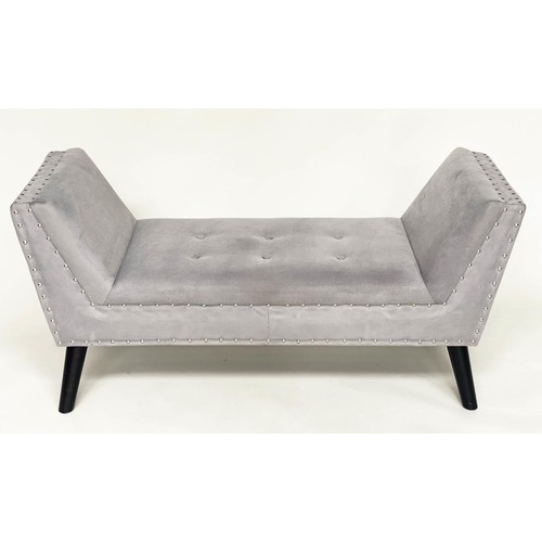 352 - WINDOW SEAT, studded grey velvet, rectangular with raised arms and splay supports, 130cm W x 45cm D ... 