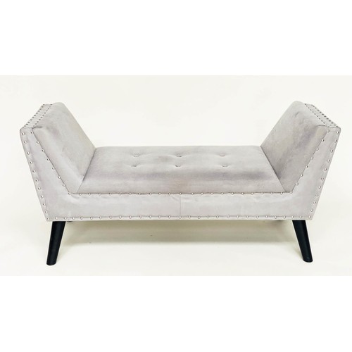 352 - WINDOW SEAT, studded grey velvet, rectangular with raised arms and splay supports, 130cm W x 45cm D ... 