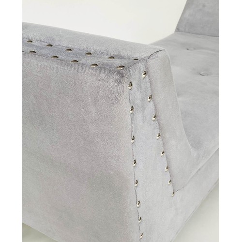 352 - WINDOW SEAT, studded grey velvet, rectangular with raised arms and splay supports, 130cm W x 45cm D ... 