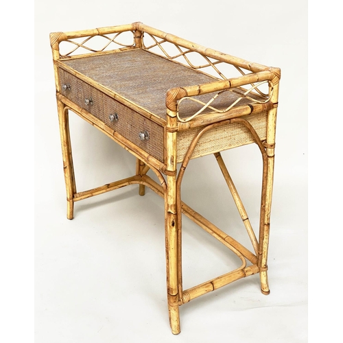 204 - BAMBOO WRITING TABLE, rattan framed, wicker panelled and cane bound with gallery and two frieze draw... 