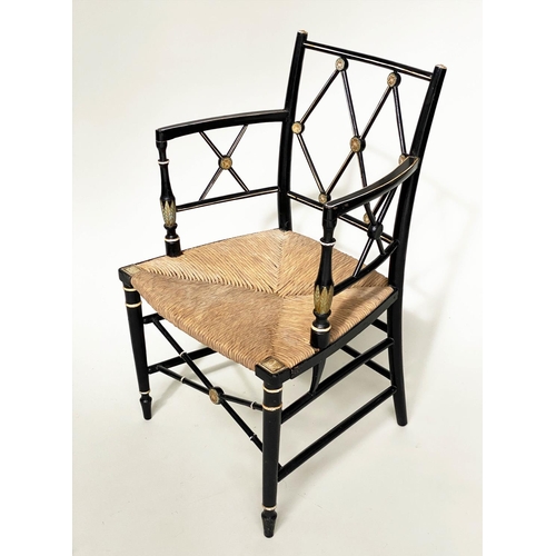 181 - ARMCHAIR, Regency later decorated and refreshed with lattice back and rush seat, 53cm W.