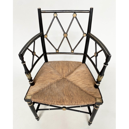 181 - ARMCHAIR, Regency later decorated and refreshed with lattice back and rush seat, 53cm W.