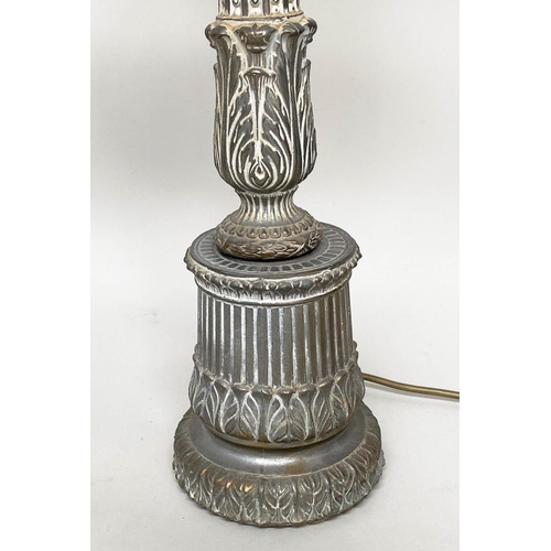 172 - COLUMN TABLE LAMPS, a pair, silvered metal with graduated fluted columns and Corinthian capping with... 