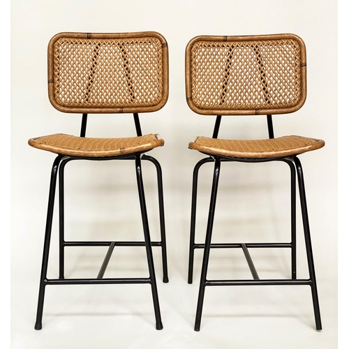 270 - BAR STOOLS, a pair, rattan framed and cane panelled on tubular metal support by 'SATELLIET', 103cm H... 