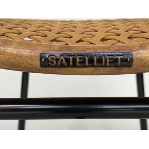 270 - BAR STOOLS, a pair, rattan framed and cane panelled on tubular metal support by 'SATELLIET', 103cm H... 