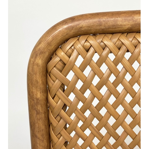 270 - BAR STOOLS, a pair, rattan framed and cane panelled on tubular metal support by 'SATELLIET', 103cm H... 