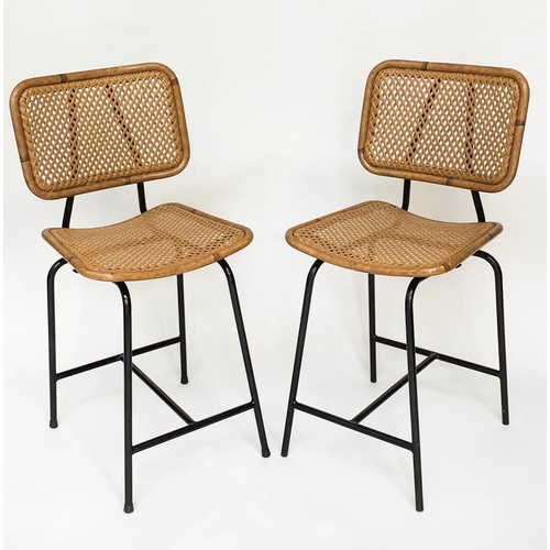 270 - BAR STOOLS, a pair, rattan framed and cane panelled on tubular metal support by 'SATELLIET', 103cm H... 