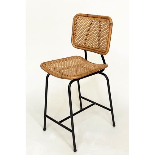 270 - BAR STOOLS, a pair, rattan framed and cane panelled on tubular metal support by 'SATELLIET', 103cm H... 