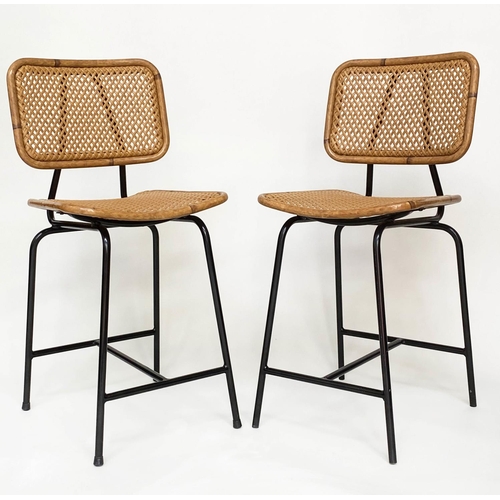 270 - BAR STOOLS, a pair, rattan framed and cane panelled on tubular metal support by 'SATELLIET', 103cm H... 