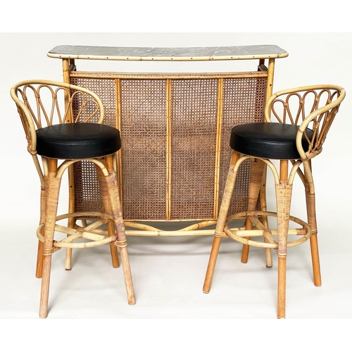 272 - BAR STOOLS, a pair, rattan and cane bound with raised backs, footrests and soft pad seats together w... 