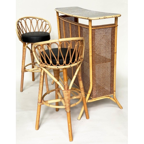 272 - BAR STOOLS, a pair, rattan and cane bound with raised backs, footrests and soft pad seats together w... 