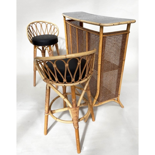 272 - BAR STOOLS, a pair, rattan and cane bound with raised backs, footrests and soft pad seats together w... 